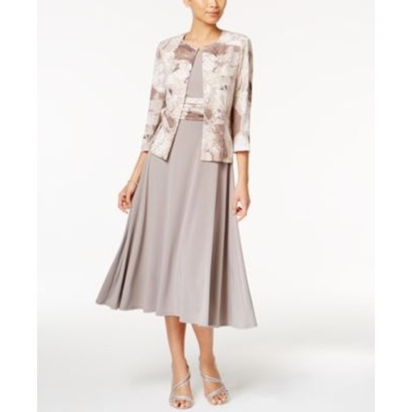 Jessica Howard Dresses & Skirts - Jessica Howard Womens 10 Taupe Floral Sequin Dress and Jacket Set 2 Piece Midi